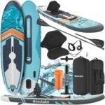 tectake® Stand Up Paddle Board, SUP aufblasbar, Standup, SUB mit Pumpe, Kajak Boot Sitz, Finnen, Rucksack, Doppelpaddel, Paddel, für Wassersport und Paddling, bis 200 kg belastbar