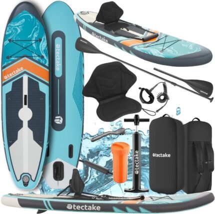 tectake® Stand Up Paddle Board, SUP aufblasbar, Standup, SUB mit Pumpe, Kajak Boot Sitz, Finnen, Rucksack, Doppelpaddel, Paddel, für Wassersport und Paddling, bis 200 kg belastbar