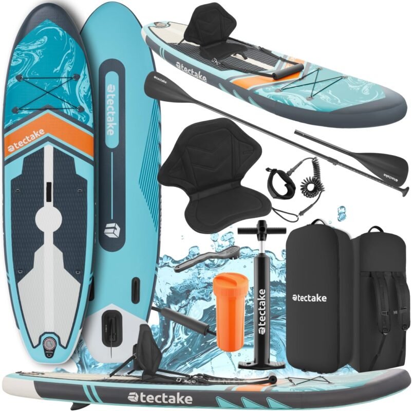 tectake® Stand Up Paddle Board, SUP aufblasbar, Standup, SUB mit Pumpe, Kajak Boot Sitz, Finnen, Rucksack, Doppelpaddel, Paddel, für Wassersport und Paddling, bis 200 kg belastbar