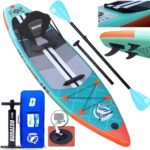 Stand up Paddling Board Aufblasbare SUP Set, Kajak Sitz,330x76x15cm, Tragkraft bis 150Kg, Cam Halterung,Integrierte Kick-Pad, 3 Finnen, Verstellbares Doppel-Paddel, Komplettes Zubehör, Mintgrün