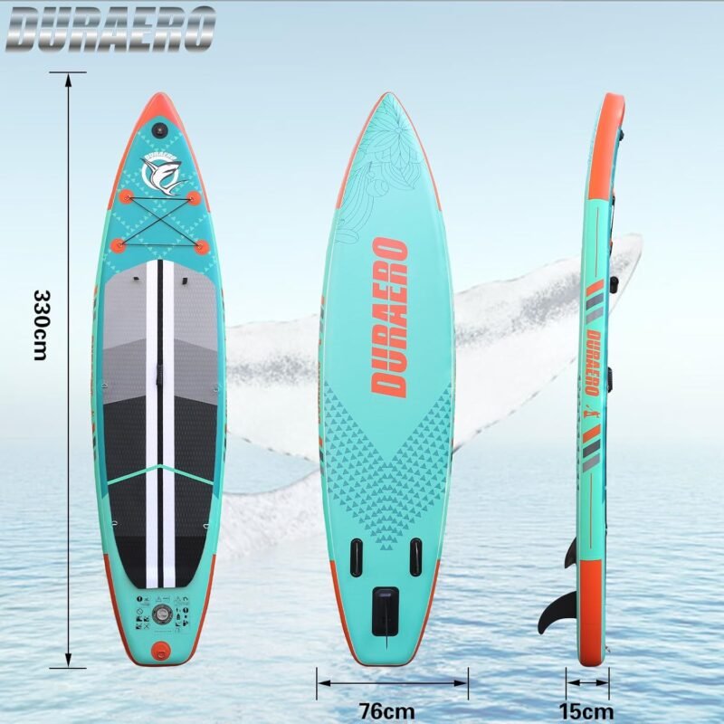 Stand up Paddling Board Aufblasbare SUP Set, Kajak Sitz,330x76x15cm, Tragkraft bis 150Kg, Cam Halterung,Integrierte Kick-Pad, 3 Finnen, Verstellbares Doppel-Paddel, Komplettes Zubehör, Mintgrün