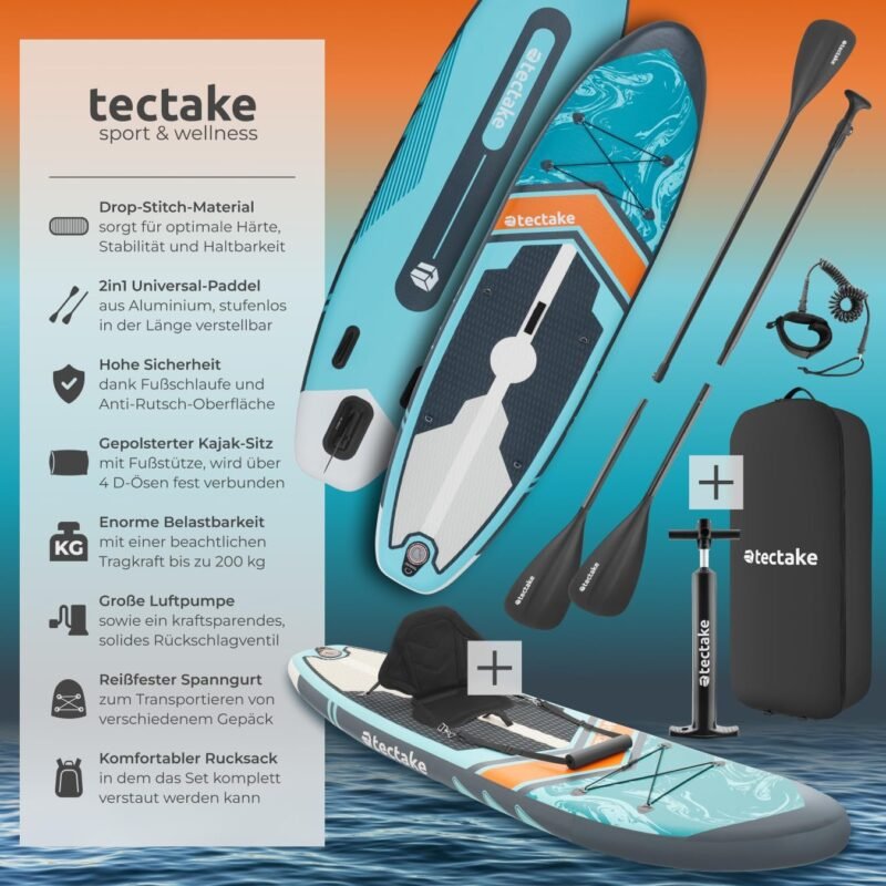 tectake® Stand Up Paddle Board, SUP aufblasbar, Standup, SUB mit Pumpe, Kajak Boot Sitz, Finnen, Rucksack, Doppelpaddel, Paddel, für Wassersport und Paddling, bis 200 kg belastbar