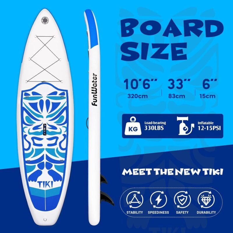 FunWater 10'6"–11'6" SUP Board, aufblasbares Stand-Up Paddle Board für alle Könnensstufen, ideal für Einsteiger & Familien, mit Anti-Rutsch Eva-Deck, Paddel, Pumpe & komplettem Zubehör