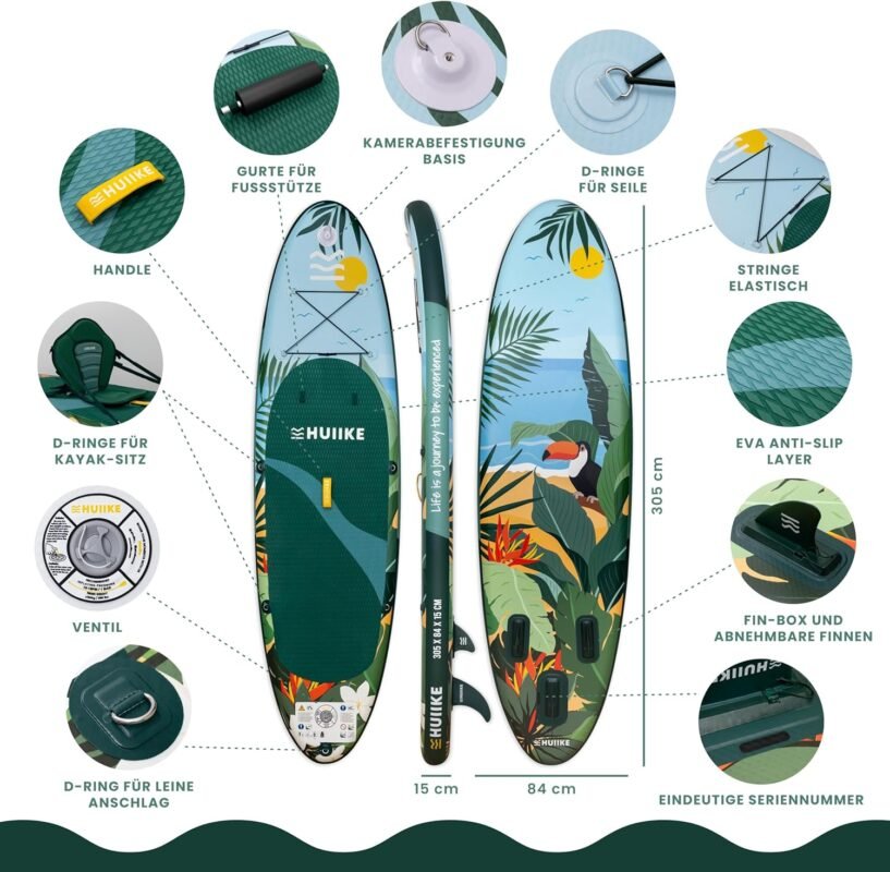 HUIIKE Stand Up Paddling Board mit Zubehör, Paddel, Finnen, Pumpe. Paddle Sup Board Aufblasbar Hohe Stabilität und Widerstandsfähigkeit. 305 x 84 x 15 cm, Belastbar bis 130 kg