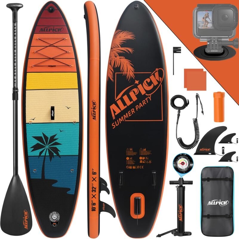 ALLPICK Premium SUP Board Set, Stand Up Paddling Board Aufblasbar, Mit Universal Kamerahalterung, Komplettes Zubehör, Verstellbares Paddel, Anfänger, Fortgeschrittene, 200kg